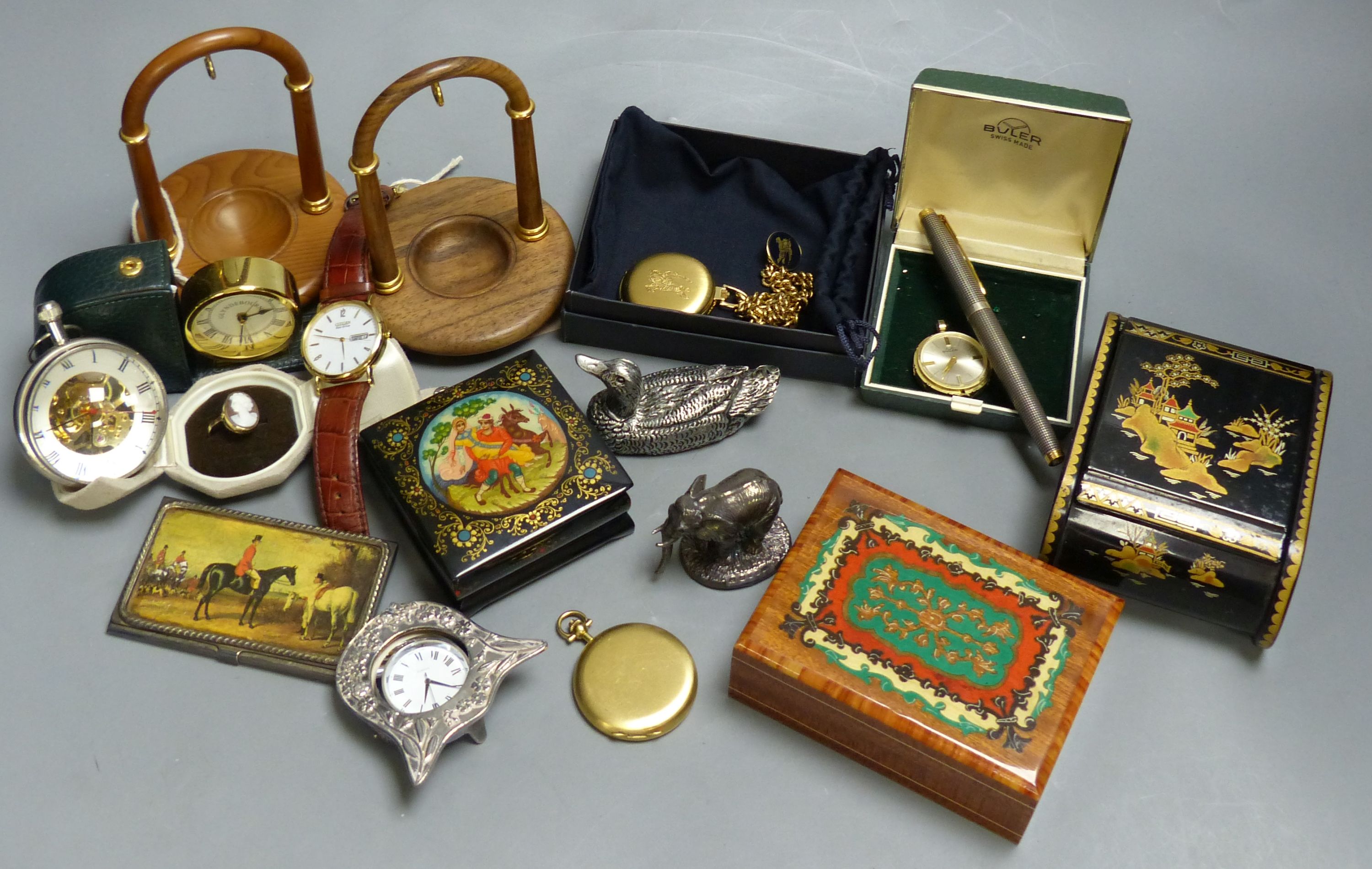 A gentleman's Citizen Eco-Drive wristwatch, two modern pocket watches and stands, various costume jewellery and other items